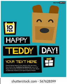 Happy Teddy Day 10 February (Flat Style Vector Illustration Love Valentine Week Poster Design) with Text Box Template