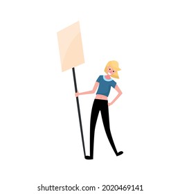 Happy Teen Activist Standing With Blank Banner On Stick Flat Vector Illustration