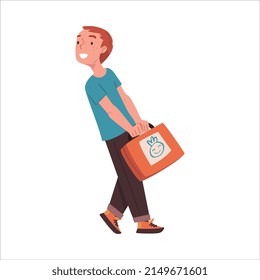 Happy Teen Boy Character Coming Back and Returning Home Carrying Suitcase Vector Illustration