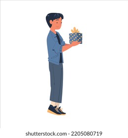 Happy Teen Boy Character Holding Gift Box for Holiday Congratulation Vector Illustration