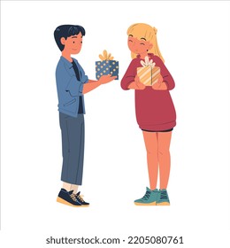 Happy Teen Boy and Girl Exchanging Gift Box as Holiday Congratulation Vector Illustration