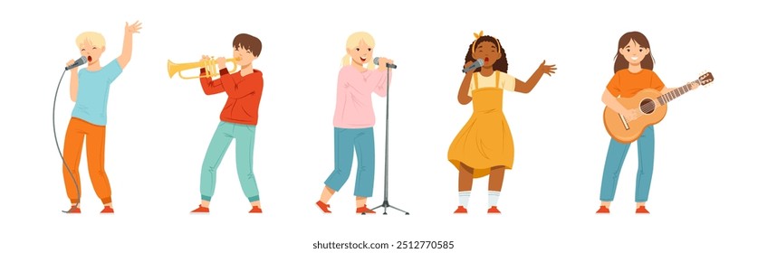 Happy Teen Boy and Girl Playing Different Musical Instruments and Singing Song Vector Set