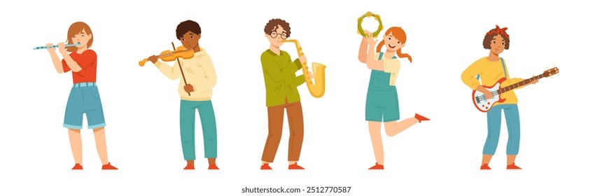 Happy Teen Boy and Girl Playing Different Musical Instruments Vector Set