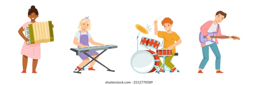 Happy Teen Boy and Girl Playing Different Musical Instruments Vector Set