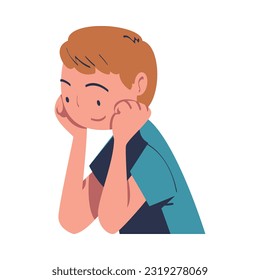 Happy Teen Boy Leaning Head on Hands Looking at Something and Smiling Vector Illustration