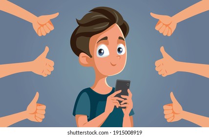 Happy Teen Boy Receiving Appreciation on Social Media. Cheerful adolescent getting positive feedback and being popular online
