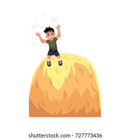Happy teen boy sitting on top of haystack, hay stack, having fun in summer farm, cartoon vector illustration isolated on white background. Happy boy, kid, child sitting on high haystack, farm summer