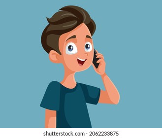 Feliz adolescente hablando en la caricatura del vector del teléfono. Adolescente positiva y alegre usando un móvil descubriendo buenas noticias 
