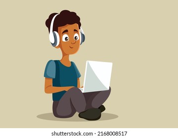 
Happy Teen Boy Spending Leisure Time on the Internet Vector Cartoon. College student learning and listening to music working on his homework
