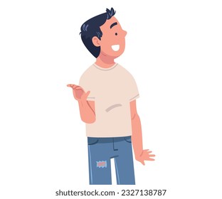 Happy Teen Boy Standing and Smiling Showing Hand Gesture Vector Illustration