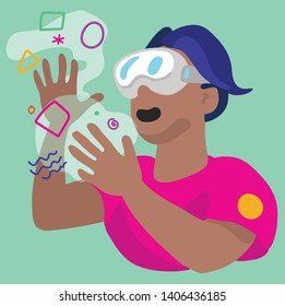 Happy teen boy wears 3D goggles and interacts with a virtual world of colors, reaching out to touch virtual objects. Can be used for entertainment, gaming, youth culture, fashion, digital, technology