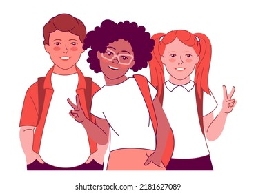 Happy Teen Classmates.Cartoon Vector Portrait Of Siblings, Friends Different Nationalities Together, Diverse Smiling Boy And Girls, Middle School Childs.Flat Illustration Isolated On White Background