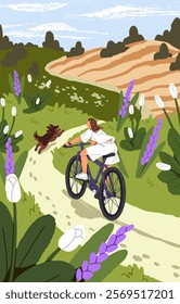 Happy teen girl cycling at countryside landscape. Kid rides on bicycle with dog among rural fields. Person has fun with bike at nature. Summer vacation in village poster. Flat vector illustration