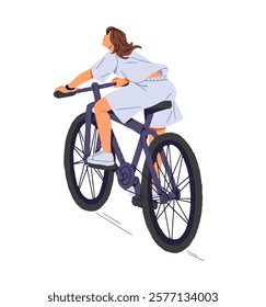 Happy teen girl cycling in summer vacation back view. Joyful kid rides on bicycle fast. Sports teenager walking, travel by bike outdoors. Flat isolated vector illustration on white background