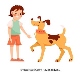 Happy Teen Girl with Dog Pet Standing and Smiling Vector Illustration