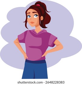 
Happy Teen Girl with Hand on her Hips Vetor Cartoon. Adolescente confiante em roupas modernas da moda sorrindo 
