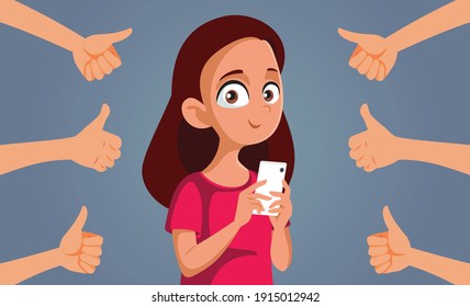 Happy Teen Girl Receiving Appreciation on Social Media. Cheerful adolescent getting positive feedback and being popular online
