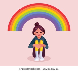 
Happy Teen Girl Sitting Under a Rainbow Vector Cartoon Illustration. Gen z teenager feeling comfortable with her ow identity and uniqueness 
