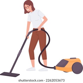 Happy teen girl vacuuming floor semi flat color vector character. Domestic chores. Editable figure. Full body person on white. Simple cartoon style illustration for web graphic design and animation