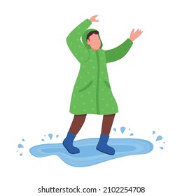 Happy teen jump in puddle semi flat color vector character. Raincoat figure. Full body person on white. Autumn activity isolated modern cartoon style illustration for graphic design and animation