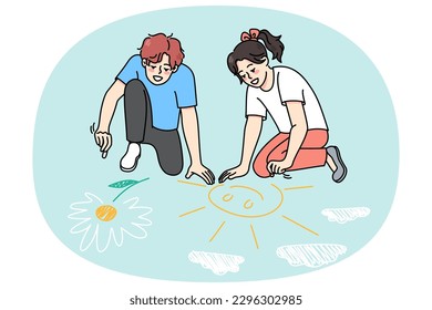Happy teen kids have fun drawing on asphalt colorful pictures with chalk. Smiling funny little children relax play together outdoors. Joyful childhood. Flat vector illustration.