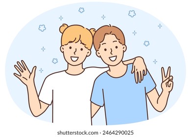 Happy teen kids hugging showing victory sing have fun together. Smiling teenager children enjoy friendship. Vector illustration.