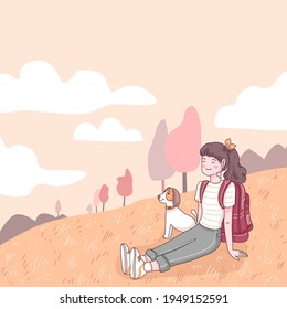 Happy teenage backpacker sitting on meadow with her dog during travel, cartoon character style flat vector illustration