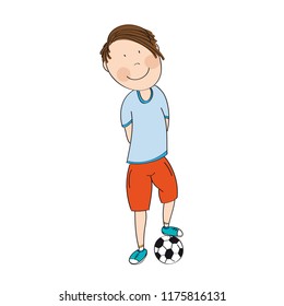 Happy teenage boy with ball, ready to play football / soccer - original hand drawn illustration