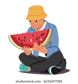 Happy teenage boy cartoon character holding huge watermelon slice having delicious picnic snack sitting on floor isolated on white background. Natural organic food for kids vector illustration