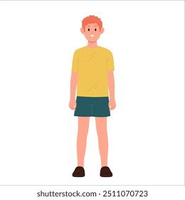 Happy teenage boy child cartoon student guy character in home clothing front view full portrait