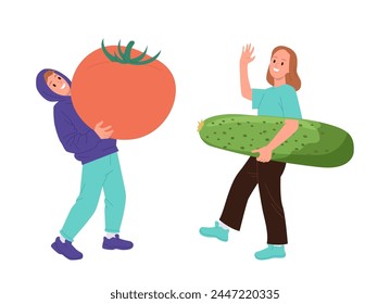 Happy teenage boy and girl cartoon characters holding huge tomato and cucumber for fresh salad