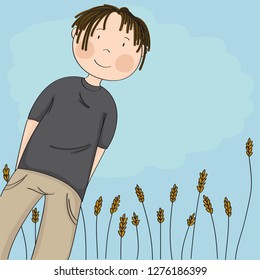 Happy teenage boy looking down at the camera and smiling, blue sky behind him, he is standing in front of the corn field - original hand drawn illustration