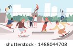 Happy teenage boys and girls or skateboarders riding skateboards at skatepark. Young men and women skateboarding and performing tricks on funboxes at skate park. Flat cartoon vector illustration.