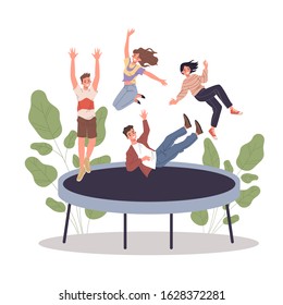 Happy teenage friends jumping on trampoline. Teens enjoying activity, having fun flat vector illustration. Bouncing, tumbling, joy concept for banner, website design or landing web page