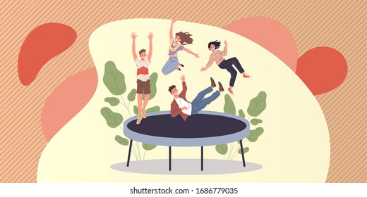 Happy teenage friends jumping on trampoline. Teens enjoying activity, having fun flat vector illustration. Bouncing, tumbling, joy concept for banner, website design or landing web page