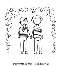 Happy teenage gay couple. Boys couple. Doodle style. Design element for posters or brochures.