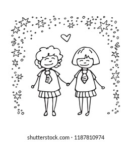 Happy teenage gay couple. Boys couple. Doodle style. Design element for posters or brochures.