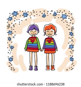 Happy teenage gay couple. Boys couple. Doodle style. Design element for posters or brochures.