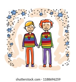 Happy teenage gay couple. Boys couple. Doodle style. Design element for posters or brochures.