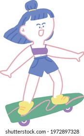 Happy teenage girl with blue hair plays surf skate with green skateboard, in colorful and sweet cartoon style.