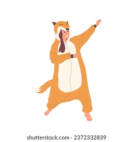 Happy teenage girl cartoon character wearing fox kigurumi pajamas dancing having fun on white