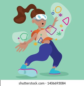 Happy teenage girl dancing in virtual environment wearing VR glasses, being physically active using technology. Can be used for apps, gaming, fantasy, entertainment, students, children, music, 3D