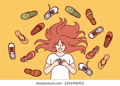 Happy teenage girl lies among shoes scattered on floor, choosing what to wear for walk in park. Little fashionista with long hair cant decide on shoes due to large assortment in fashion store