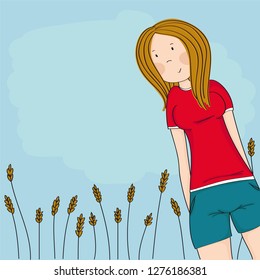 Happy teenage girl looking down at the camera and smiling, blue sky behind her, she is standing in front of the corn field - original hand drawn illustration