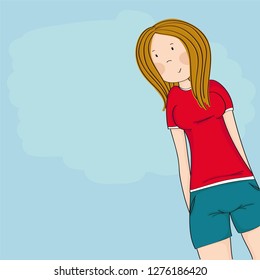Happy teenage girl looking down at the camera and smiling, blue sky behind her - copy space for your text - original hand drawn illustration