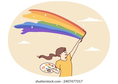 Happy teenage girl paints rainbow in sky with brush and palette with paints person to make nature better. Smiling schoolgirl in casual t-shirt rejoices in good weather. Flat vector design