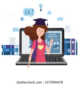 Happy teenage girl with thumb up. Student with backpack bubble OK online education laptop notebook pile of books. Vector trendy flat cartoon style, illustration
