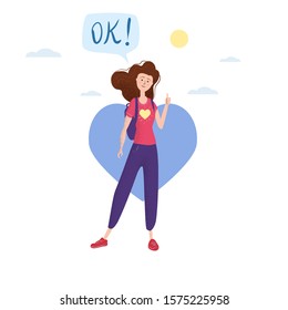 Happy teenage girl with thumb up. Student with backpack bubble OK. Vector trendy flat cartoon style, illustration. Heart background