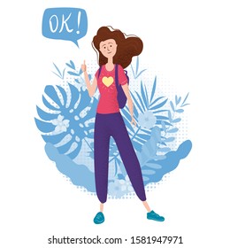 Happy teenage girl with thumb up. Student with backpack bubble OK. Vector trendy flat cartoon style, illustration. Floral background