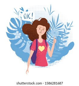 Happy teenage girl with thumb up. Student with backpack bubble OK. Vector trendy flat cartoon style, illustration. Floral background